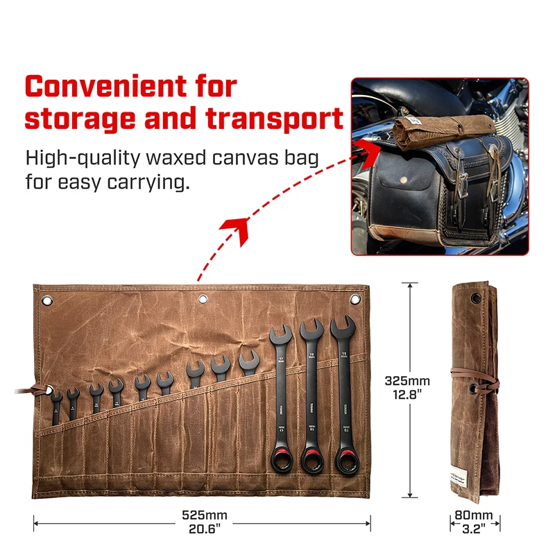 combination ratcheting wrench set: 12 piece metric 8 19mm cr v steel tough wax canvas storage bag for off road tool kits combination ratcheting wrench set: 12 piece metric 8 19mm cr v steel tough wax canvas storage bag for off road tool kits